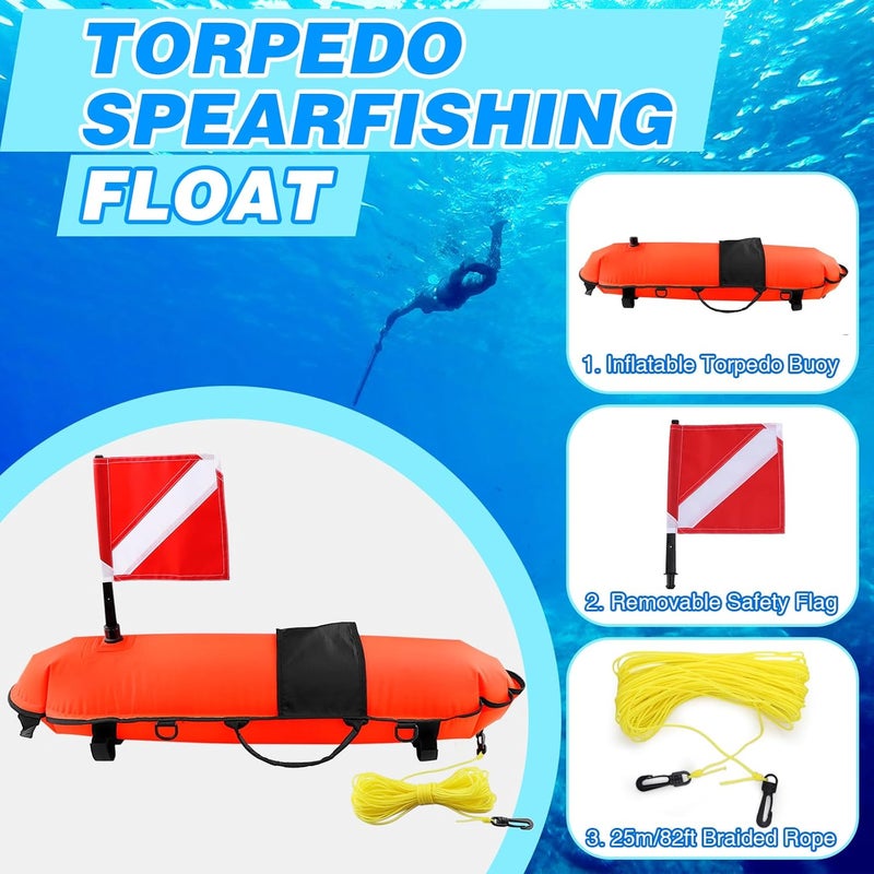 Owekfifv Spearfishing Buoy, Hi-Visibility Inflatable Torpedo Buoy Float Signal Floater Ball with Dive Safety Flag and 82ft Ropes for Scuba Diving, Freediving, Snorkeling, Swimming - Image 2